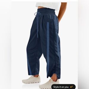 FISOEW Baggy Wide Leg Pants Drawstring Elastic Waisted Contrast Color Navy